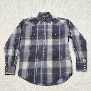 Stetson Western Cowboy Pearl Snap Button Down Shirt Purple Plaid Mens Medium